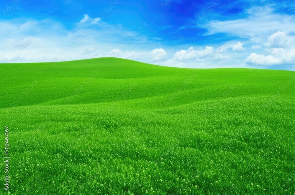A green meadow on a bright sunny morning, green grass and blue sky.