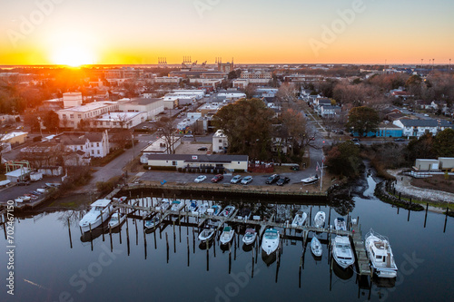 Aerial View of a Marina Looking Towards Old Dominion University at Sunset in Norfolk Virginia