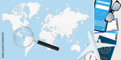 Panama is magnified over a World Map, illustration with airplane, passport, boarding pass, compass and eyeglasses.