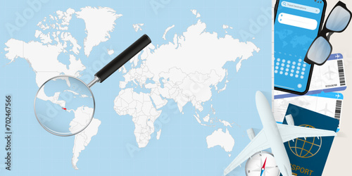Costa Rica is magnified over a World Map, illustration with airplane, passport, boarding pass, compass and eyeglasses.
