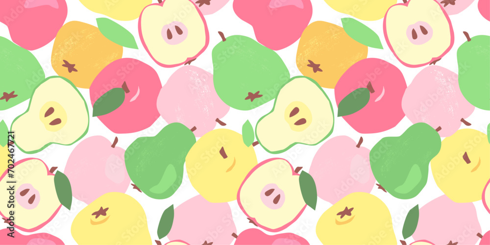 Seamless pattern with juicy ripe fruits. Summer print with abstract apples and pears. Vector graphics.