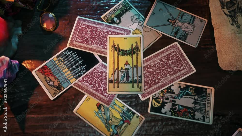 Cairo, Egypt - June 15, 2018. Magic witchcraft divination interpreting Four of Wands card from the deck. Magic medieval witchcraft tarot card ritual. Magic witchcraft mythical deck of cards. Cairo, Egypt - June 15, 2018. Magic witchcraft divination interpreting Four of Wands card from the deck. Magic medieval witchcraft tarot card ritual. Magic witchcraft mythical deck of cards.