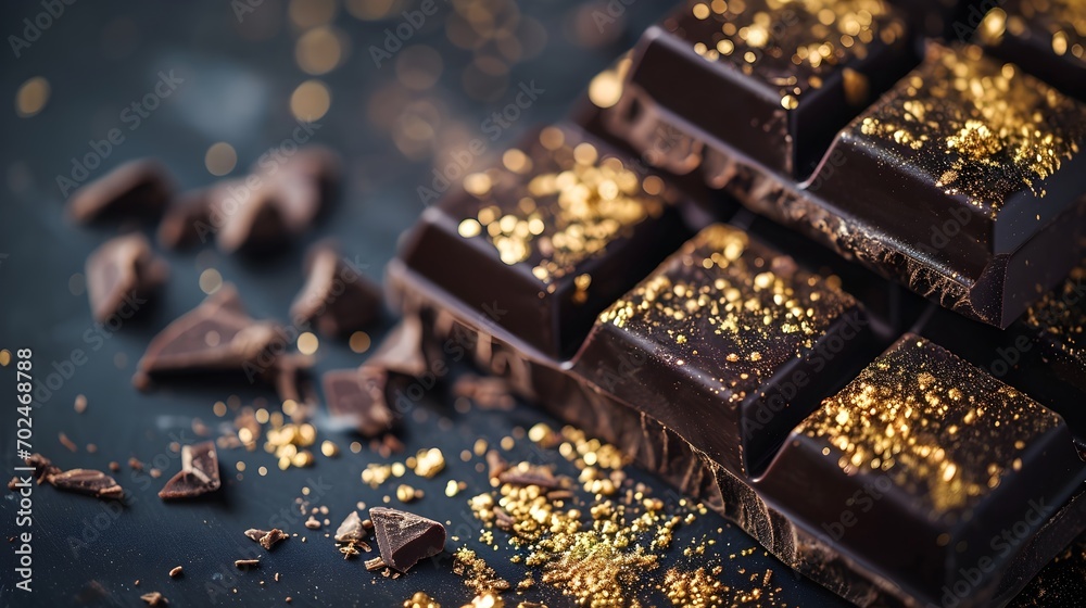 Gold Dust On Dark Chocolate Close Up. (Generative AI). Gold Dust On Dark Chocolate Close Up. (Generative AI).