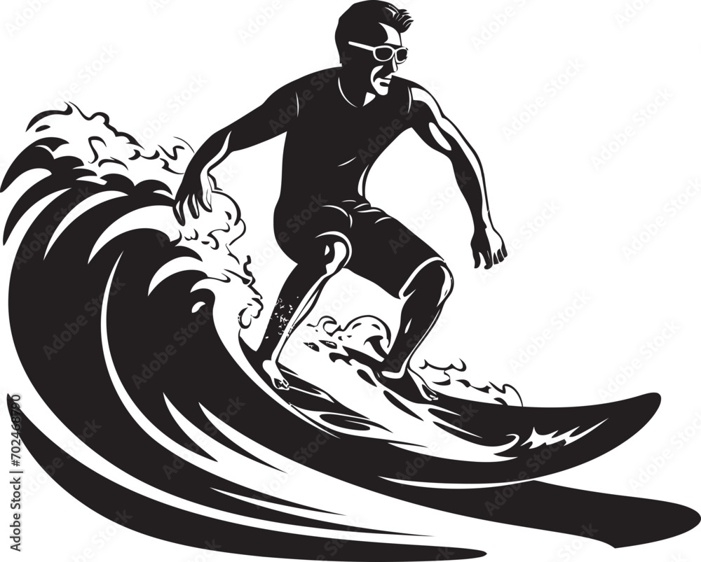 Ocean Flow Guy Surfing with Surfboard Emblem Coastal Thrills Black Vector Surfing Symbol
