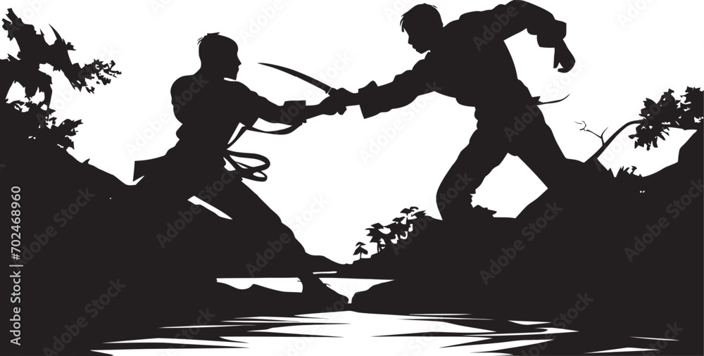 Fototapeta premium Battle Impact Two Men Fighting Emblem Rivalry Showdown Black Logo of Fighters