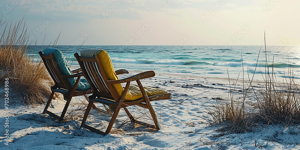 due sdraio di fronte al mare, panorama idilliaco, sentimento di relax e vacanza, due sdraio di fronte al mare, panorama idilliaco, sentimento di relax e vacanza,