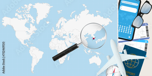 South Korea is magnified over a World Map, illustration with airplane, passport, boarding pass, compass and eyeglasses.
