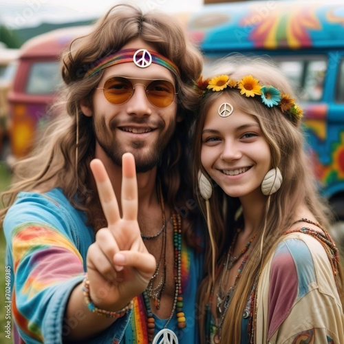 Hombre y mujer jovenes hippies sonriendo haciendo el signo de la victoria con unas furgonetas pintadas de colores de fondo photo