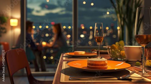 Deux parts de tiramisu attendent le couple qui est allé sur la terrasse avant le dessert romantique, dîner chaleureux en amoureux à la maison, dans un appartement de ville photo