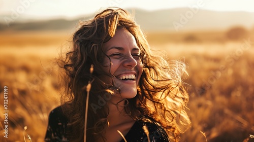 a woman with long hair smiling in a field of grass