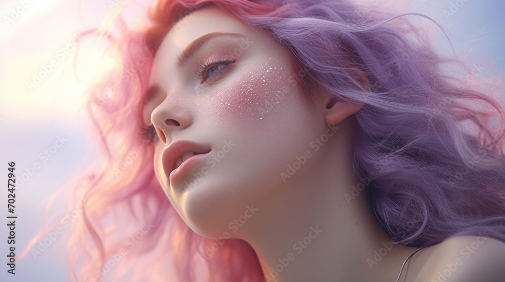 A woman with pink hair and glitter on her face