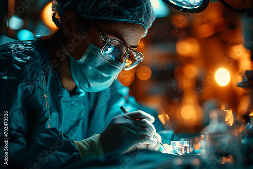 A close-up of a surgeon's hands performing a delicate procedure, focused and steady amid the controlled chaos of a brightly lit operating theater