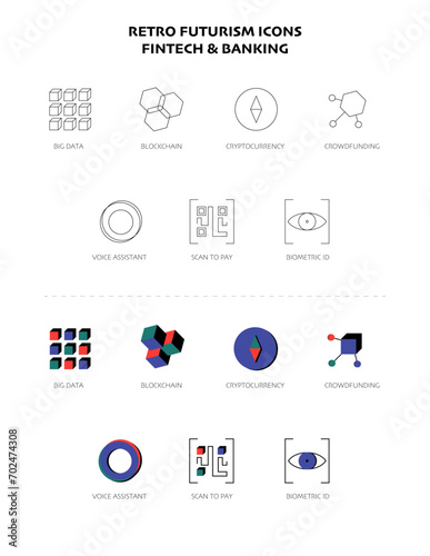FinTech icons in retro futurism aesthetic