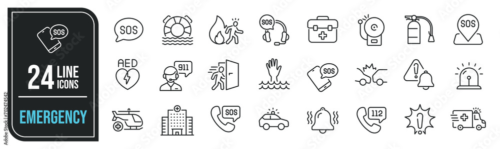 Emergency simple minimal thin line icons. Related SOS, safety, alarm, urgency, warning. Editable stroke. Vector illustration. - obrazy, fototapety, plakaty 