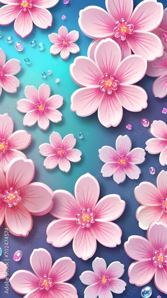 The image displays a collection of pink cherry blossoms spread across a gradient blue background, creating a vibrant and floral visual.