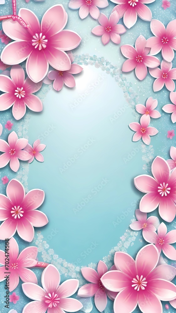 The image depicts an oval-shaped border of soft pink cherry blossoms against a sky-blue background, creating a delicate and inviting floral frame. The image depicts an oval-shaped border of soft pink cherry blossoms against a sky-blue background, creating a delicate and inviting floral frame.