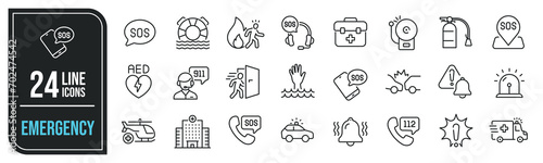 Emergency simple minimal thin line icons. Related SOS, safety, alarm, urgency, warning. Editable stroke. Vector illustration.
