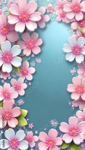 The image showcases a vibrant collection of pink cherry blossoms bordering a central turquoise gradient, creating a lively and floral design suitable for a variety of decorative purposes.