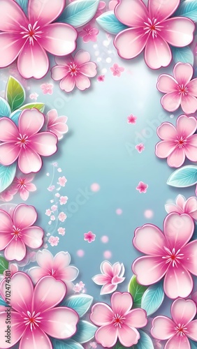 The image showcases a vibrant arrangement of pink cherry blossoms framing a central sky blue area  creating a dynamic and inviting floral design.