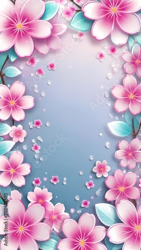 The image presents a vertical flow of pink cherry blossoms descending along the edges towards a central light blue area  possibly for a message or invitation  set against a gradient background