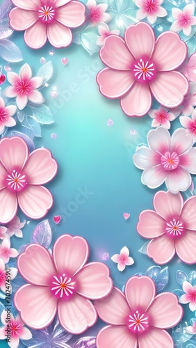 The image showcases a vibrant collection of pink cherry blossoms bordering a central turquoise gradient, creating a lively and floral design suitable for a variety of decorative purposes.