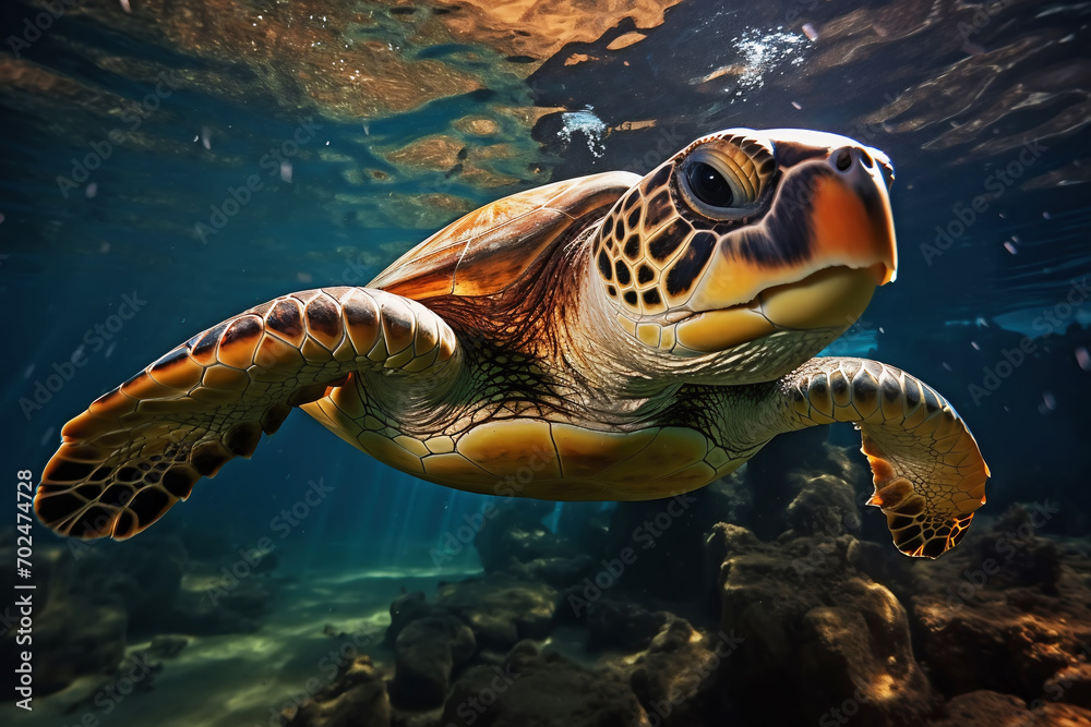 Obraz premium Big turtle swimming in the ocean, underwater wildlife, ai generated