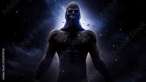 mysterious god akin to Erebus, in ancient Greek attire, amidst shadows, with a backdrop of a dark galaxy