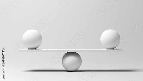 Balance. Three white spheres. 3d illustration.