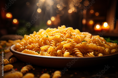 Pasta Italian dish prepared from flour and water that cooked in various shapes and served with sauces. popular  versatility and ability to be combined with variety of ingredients.