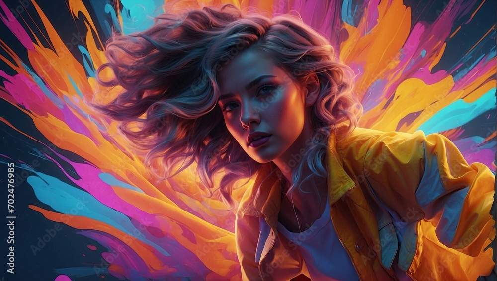 A digital portrait of a young woman with blonde hair in a vibrant neon explosion, wearing a yellow jacket, exuding energy and style in a dynamic, contemporary illustration.