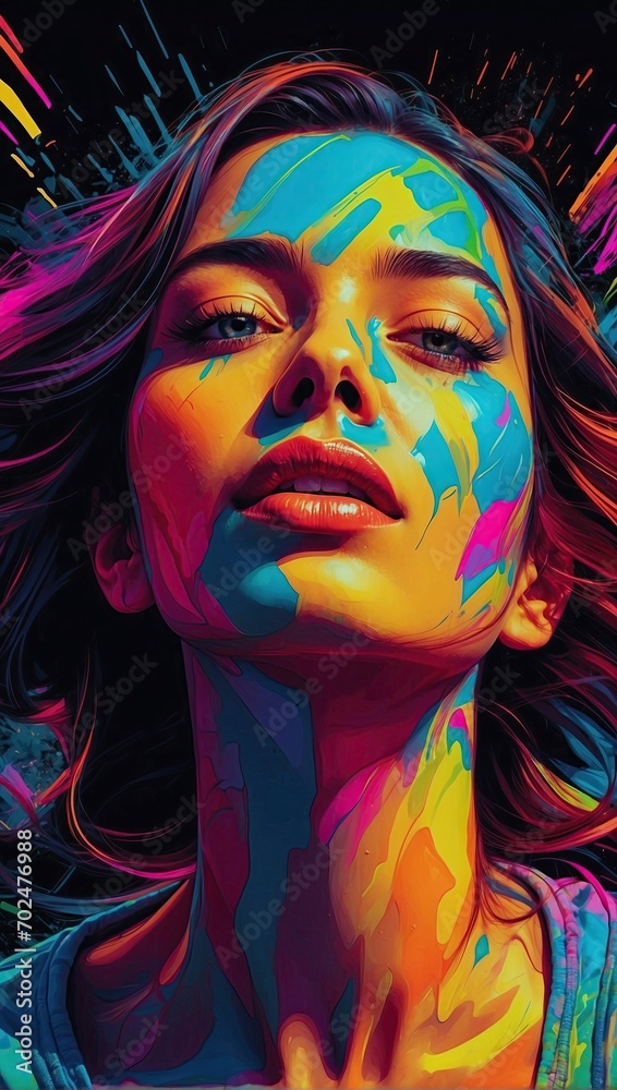 A hyper-realistic digital painting of a woman with a neon paint splash across her face, contrasting with dark background.