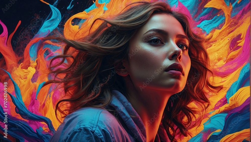Obraz premium A captivating illustration of a woman surrounded by swirling neon flames, blending realism with a surreal, vibrant backdrop.