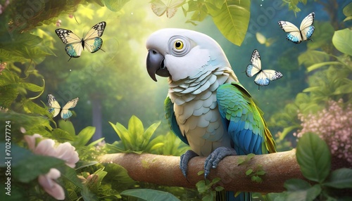 Avian Elegance: Colorful Parrot on a Garden Branch with a Tropical Butterfly Companion