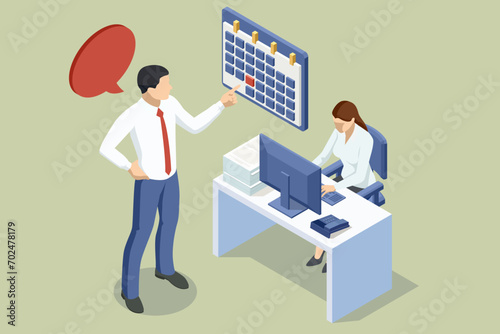 Isometric Project manager working, Organizer app with appointments, messages Task manager and project schedule