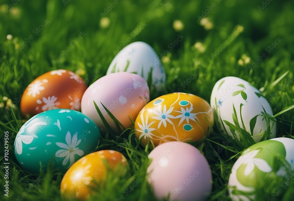 A collection of painted easter eggs celebrating a Happy Easter on a spring day with green grass meadow