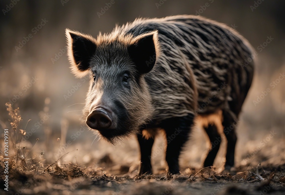 Wild boar pig standing on a dusty land Wild boar pig standing on a dusty land
