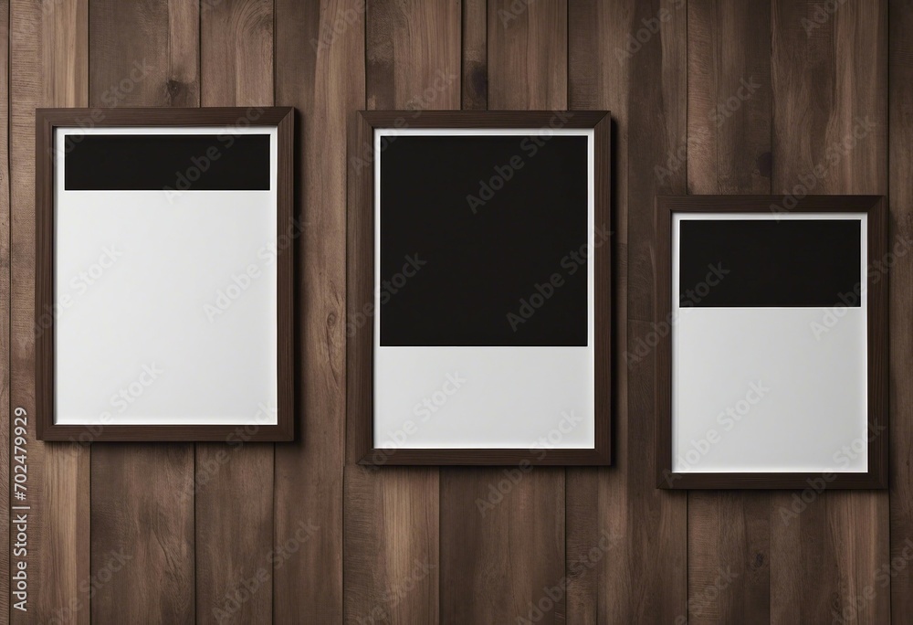Three vertical black and white abstract frames hanging on a wall dark brown wooden frame portrait mockup