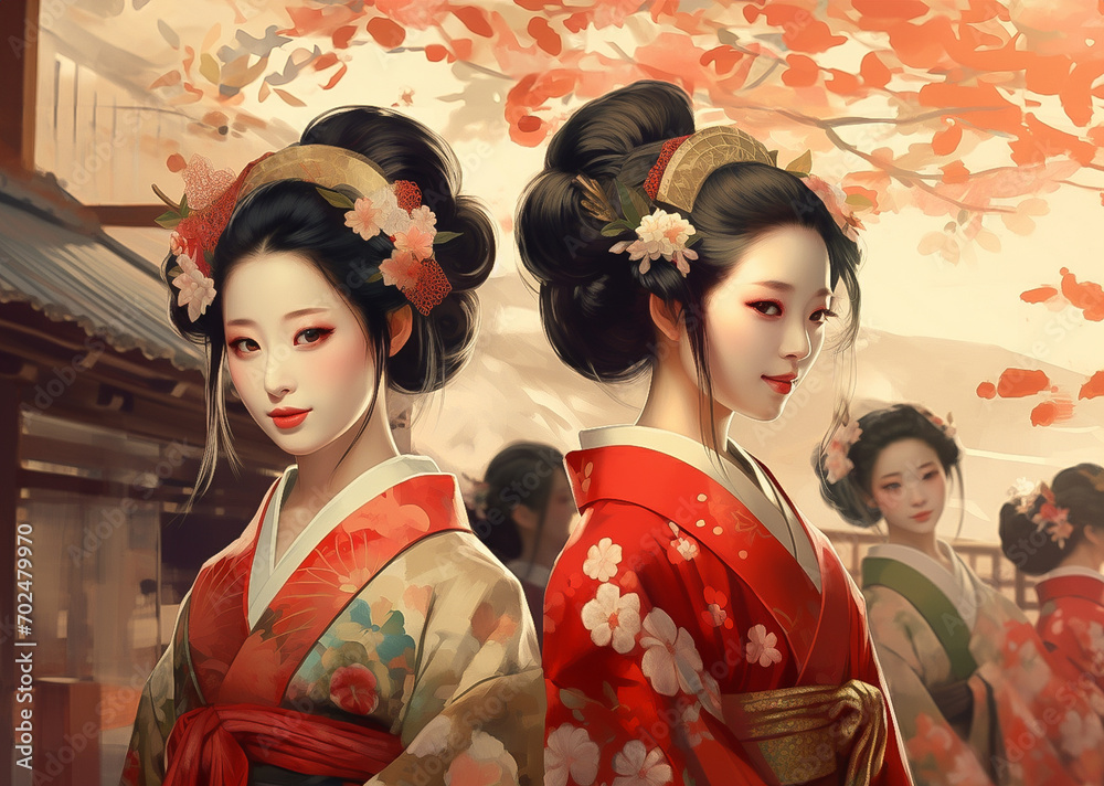 Illustration of japanese women wearing kimono Illustration of japanese women wearing kimono