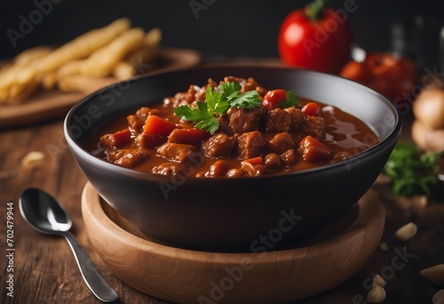 View of a goulash in a bowl close up Stew of meat Hungarian Goulash beef stew-soup photo