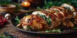 Elegant Poultry Delight - Mushroom Spinach Stuffed Chicken - Sophistication in Every Bite - Soft Light Accentuating Culinary Elegance