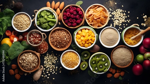 Healthy food vegetarian vegan food concept. Various assorted organic cereals, vegetables, whole grains photo