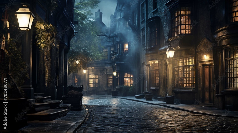 Medieval London night street.