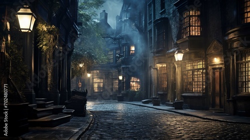 Medieval London night street.