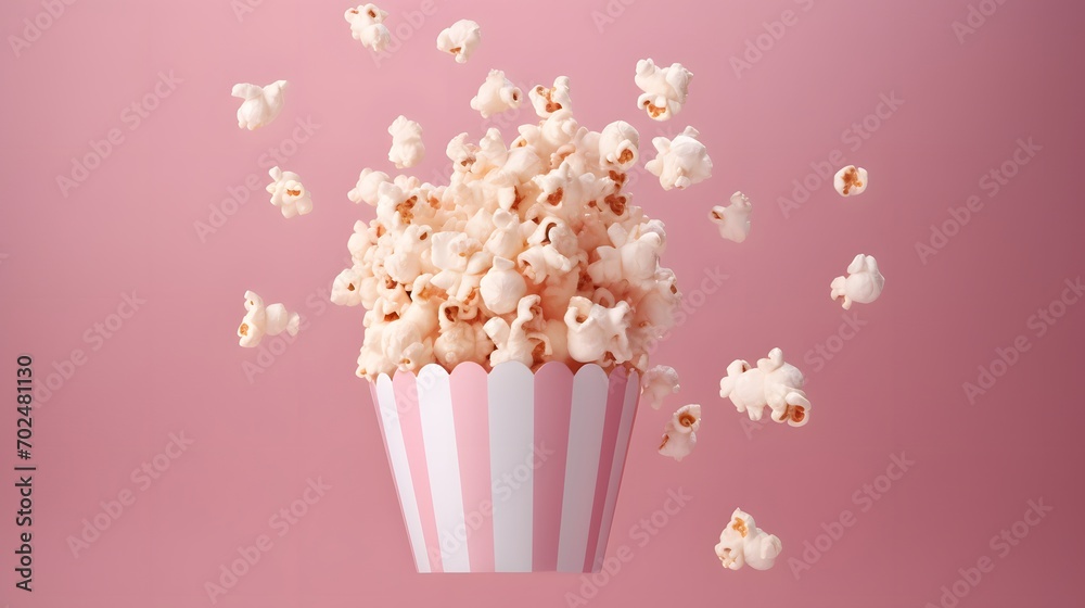 popcorn in a paper bag flying around on pink background. Cinema and movie theater concept.
