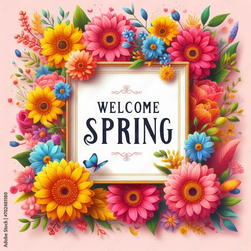 Spring flowers frame with words Welcome spring. Pastel background Spring flowers frame with words Welcome spring. Pastel background