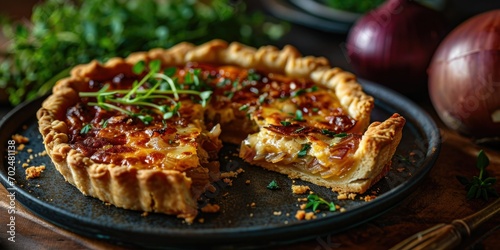 Savory Pastry Elegance - Caramelized Onion and GruyÃ¨re Tart - Culinary Artistry in Every Layer - Soft Light Accentuating Pastry Perfection