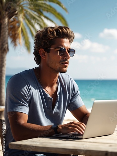 Handsome man using laptop on the beach on summer