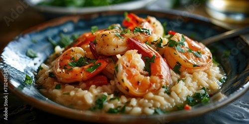 Seafood and Arborio Rice Fusion - Shrimp Scampi Risotto - Oceanic Bliss in Every Spoonful - Soft Light Enhancing Culinary Harmony