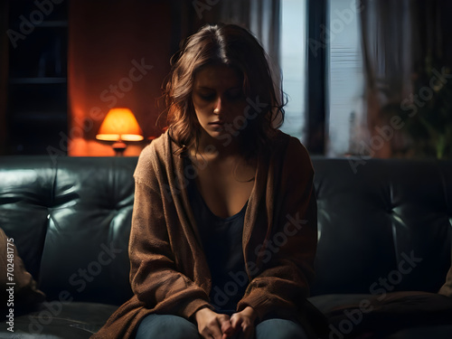 Sad lonely woman sitting alone in dark living room, depression and mental health