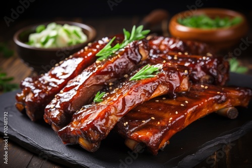 Close up of delectable roasted barbecue pork ribs with sliced meat, tempting the palate